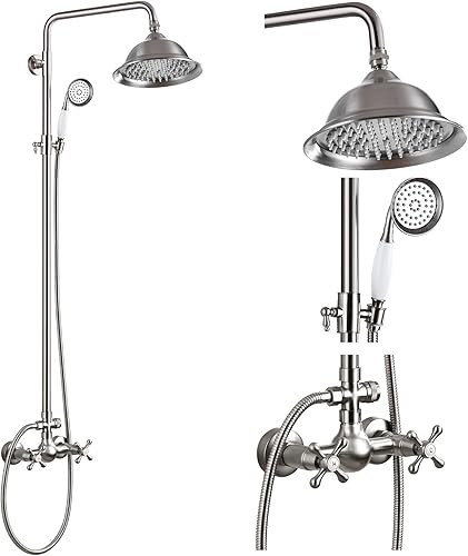 Miniatura 1 de Juego de grifo de ducha de níquel cepillado de 8 pulgadas, cabezal de ducha tipo lluvia de 8 pulgadas, sistema de ducha de baño, mango cruzado doble