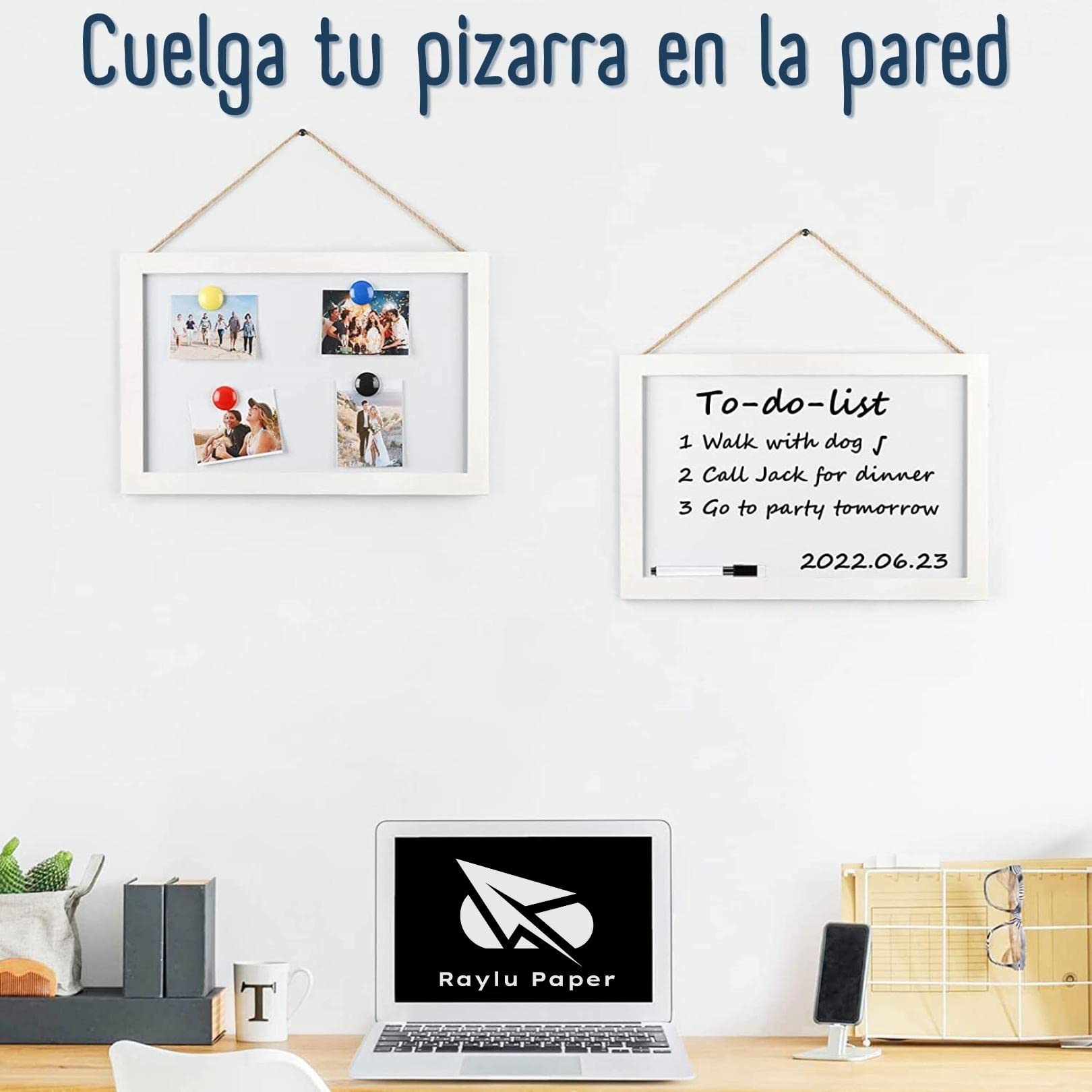 Pizarra blanca magnética con marco de madera blanca 60x40 cm borrado en seco imanes