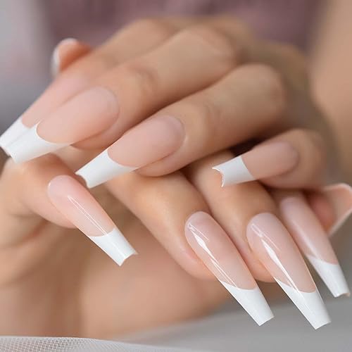 Miniatura 6 de Puntas de uñas largas tipo ataúd, puntas de uñas blancas a presión, uñas postizas artísticas francesas diseñadas con uñas de gel UV, uñas de salón