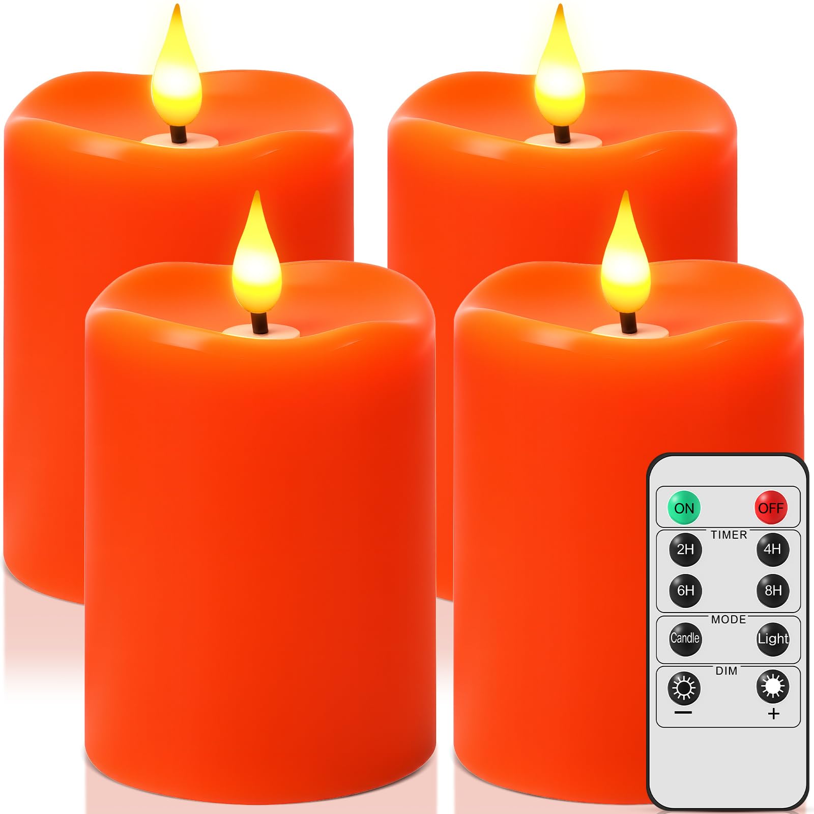 Velas LED de 4 pulgadas sin fuego ni humo con mando y temporizador de cera naranja de 4 piezas 8