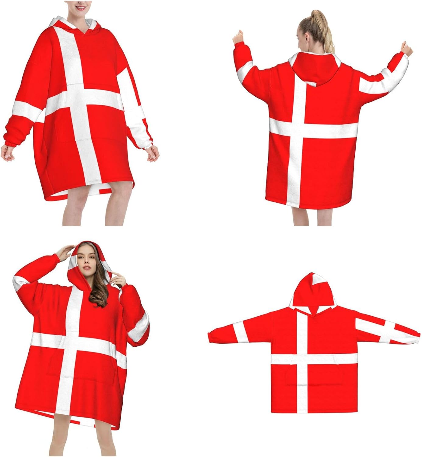 MUSM Denmark Danish Flag Print Blanket Hoodie Fleece Sweatshirt Blanket With Sleeves And Pockets
