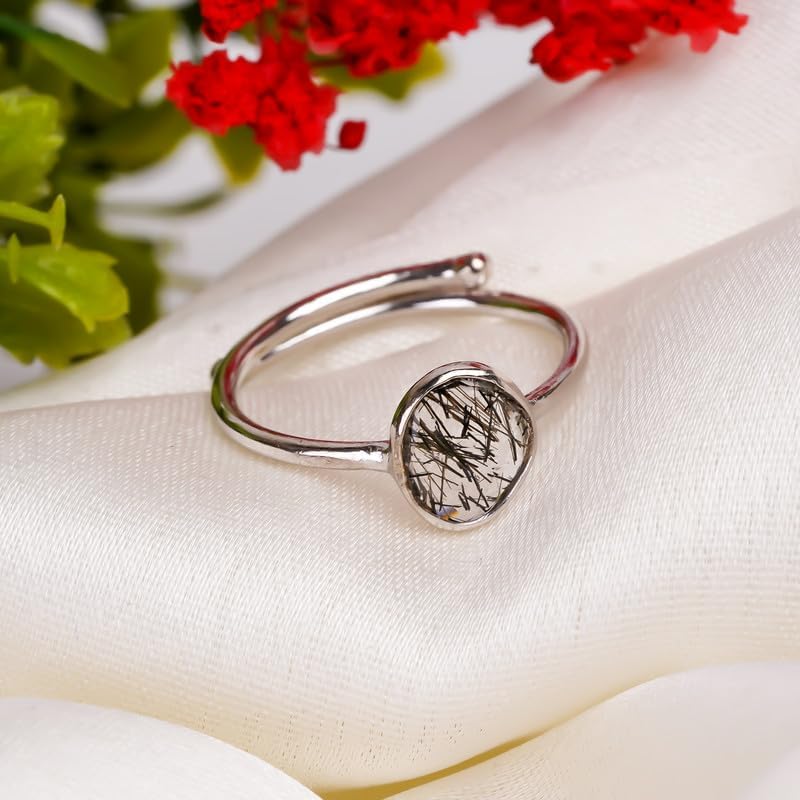 Natural Black Black Rutile 925 Sterling Silver Adjustable Wedding Engagement Ring for women