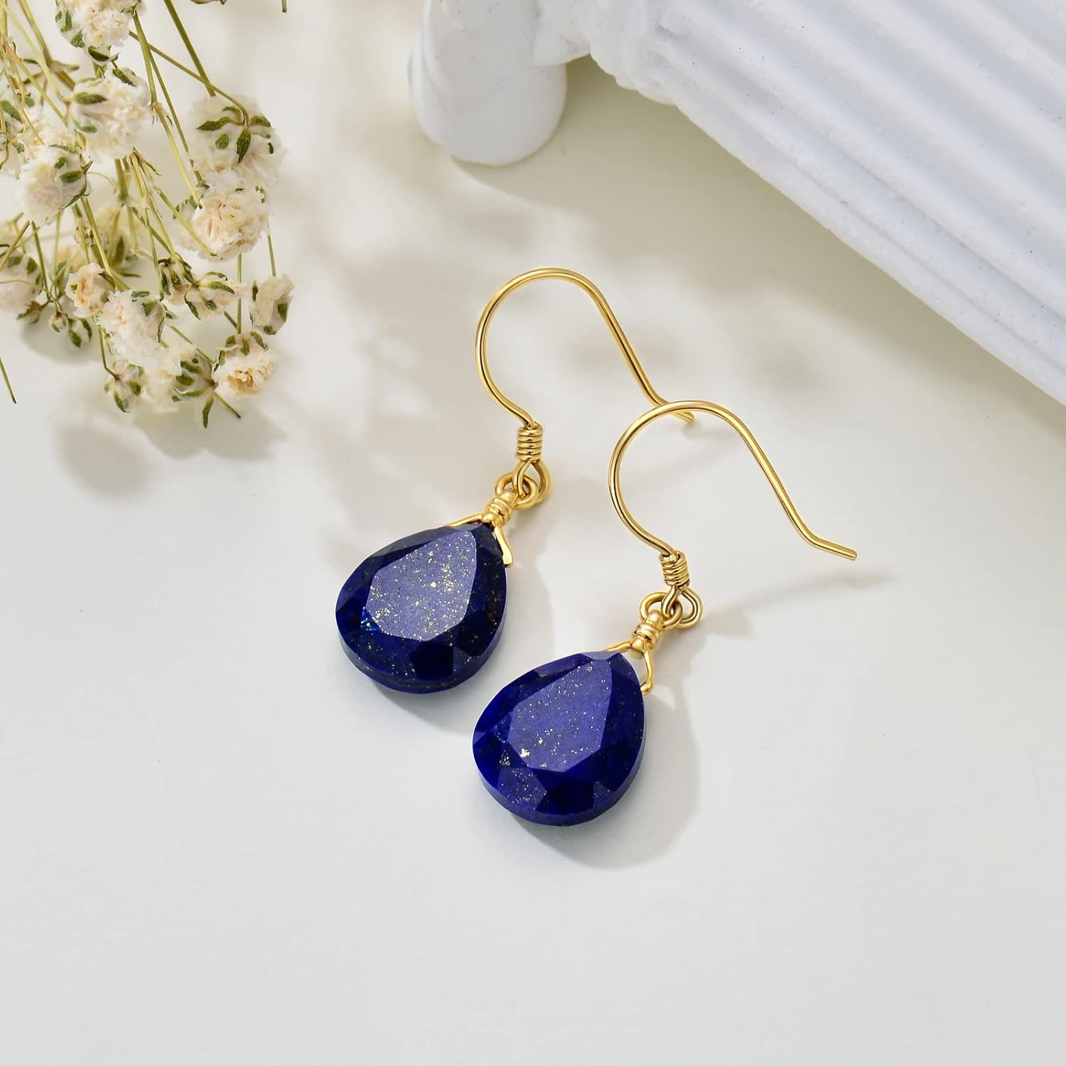 14K Solid Gold Lapis Faceted Teardrops Earrings For Women, Natural Lapis Lazuli Dangle Drops Earrings,Lapis Jewelry Blue Earrings Gifts For Her Christmas Valentines - Image 4