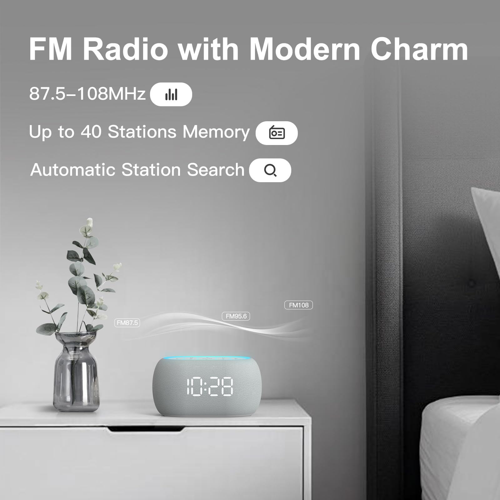 ANJANK Radiosveglia da Comodino con Altoparlante Bluetooth, Suono Stereo Hi-Fi, 7 Colori di Luce Notturna, Sveglia Digitale con 8 Suoni di Allarme, 0-100% Dimmer, Radio FM da Camera da Letto