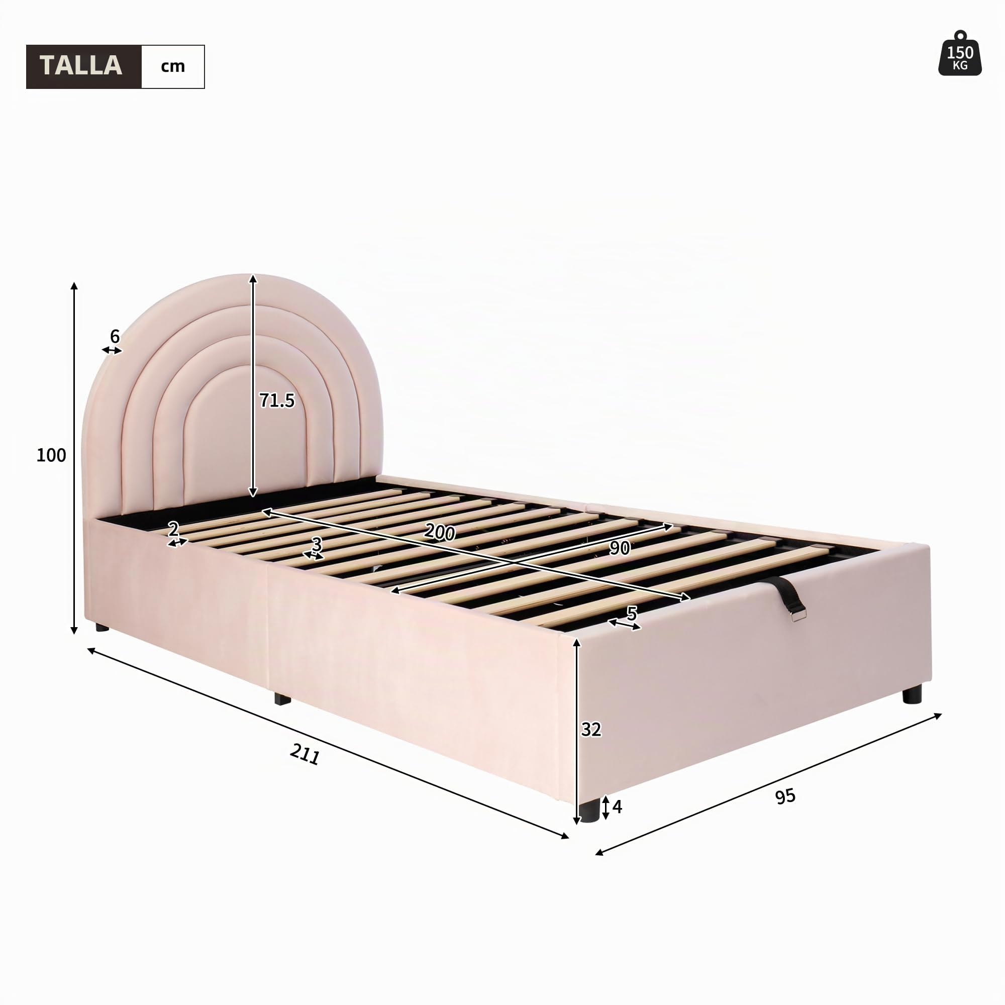 Moimhear Cama tapizada, 90 x 200 cm, cama infantil, cama individual con somier y cabecero, cama juvenil, con listones de madera (terciopelo, rosa)