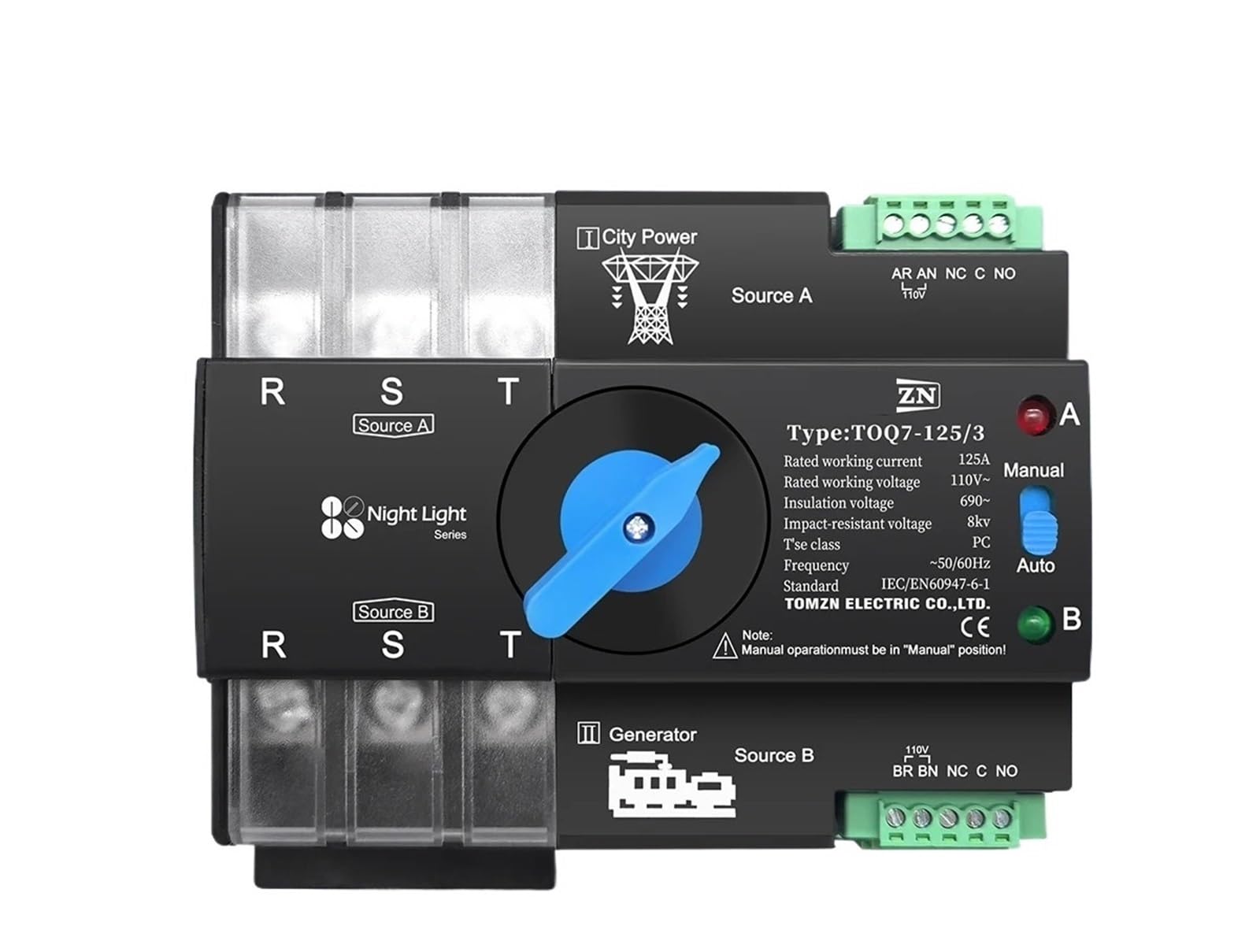 Schiene 3 phase 2P3P4P 63A 100A 125A 110V Dual Power Automatische Transfer Elektrische Wahlschalter Unterbrechungsfreie TOQ7(3P L N 110V-120V,63A)