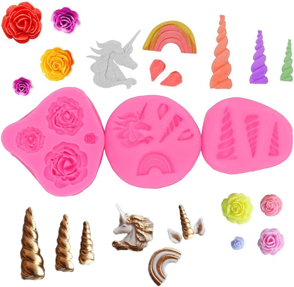 Homy Feel Mini Unicorn Silicone Mold Set(3 Piece) Unicorn Fondant Chocolate Sugarcraft Cake Candy Mold Unicorn Horn Ears Flower and Rainbow Cupcake Topper