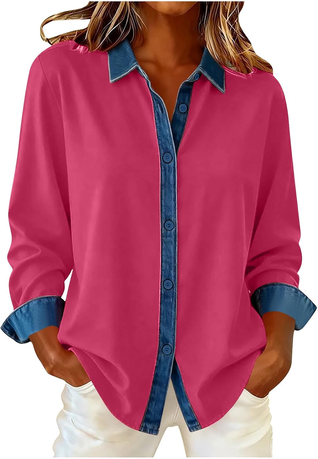 Women's Denim Patchwork Button Down Shirts Long Sleeve Lapel Shirt Jackets Color Block Business Casual Blouse
