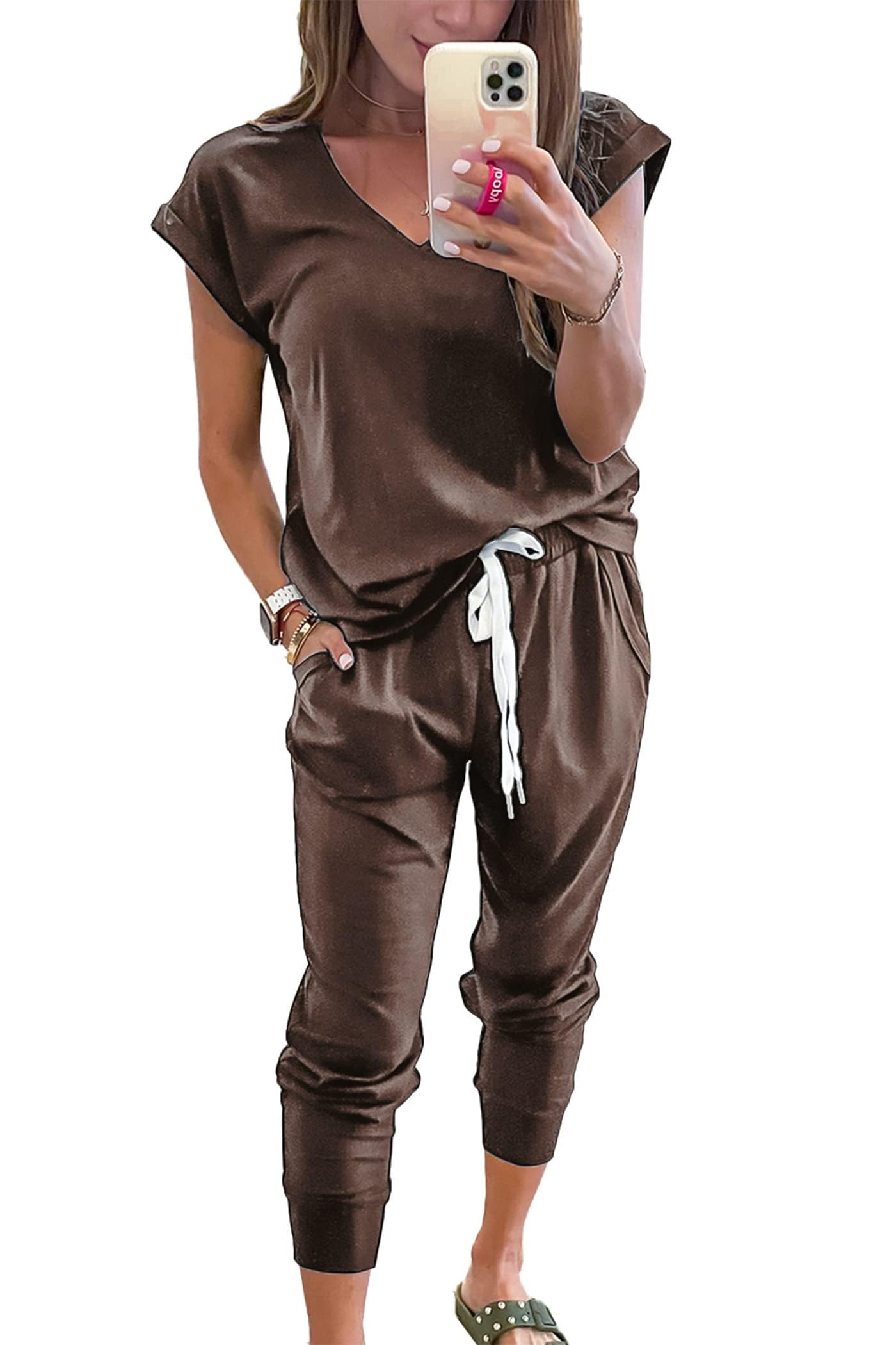 PRETTYGARDEN Women's Two Piece Tracksuit Casual Summer V Neck Short Sleeve Tops Drawstring Jogger Pants Lounge Outfit Sets