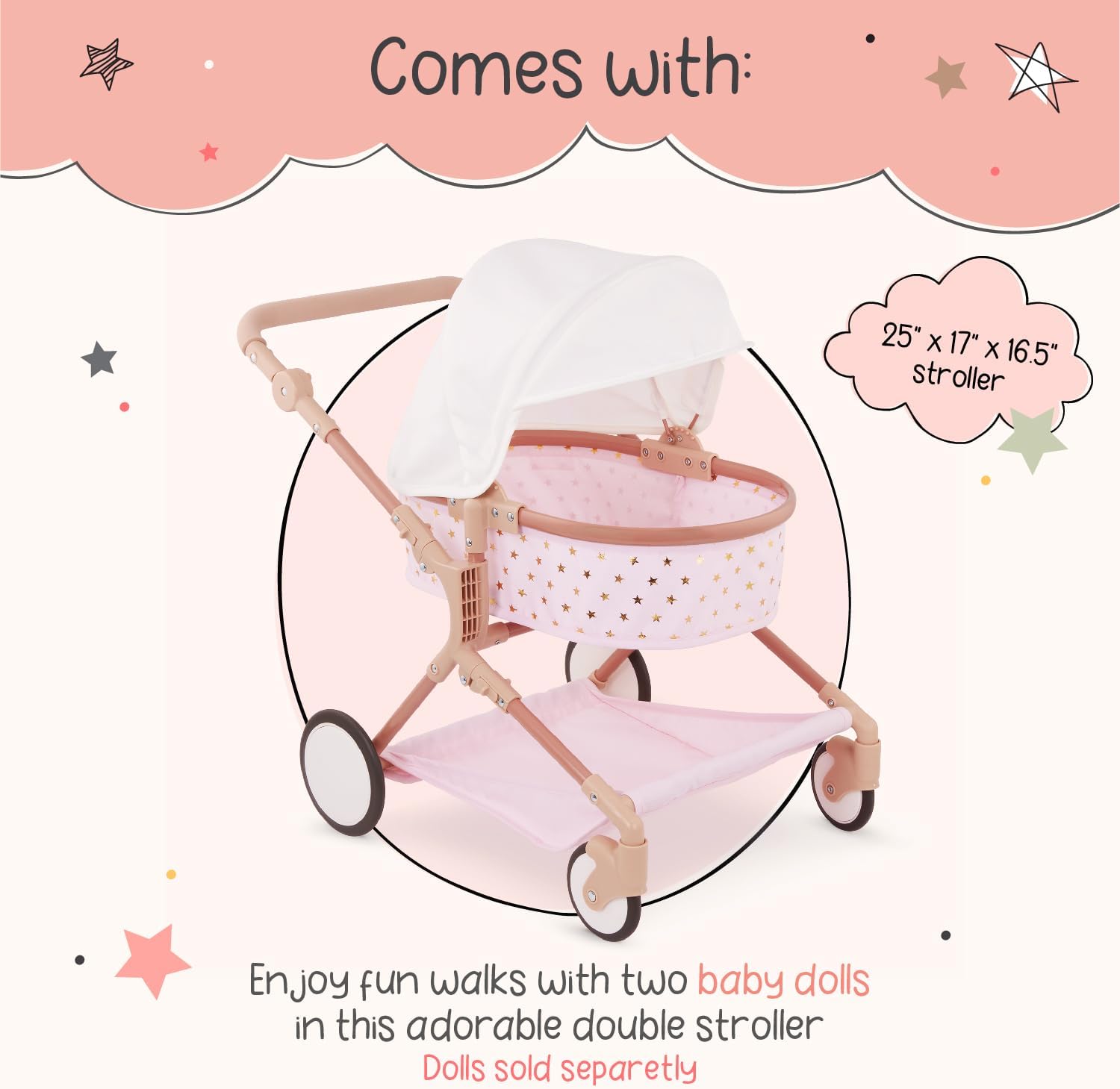 LullaBaby – 14-Inch Accessories – Pink Toy Stroller with Gold Stars for Twins – Foldable Canopy, Swivel Wheels & Storage Basket – Pretend Play 2+ Years