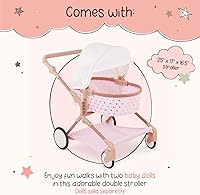 Vista 5 de LullaBaby – Cochecito de juguete rosa de 14 pulgadas con estrellas doradas para gemelos – Toldo plegable, ruedas giratorias y canasta