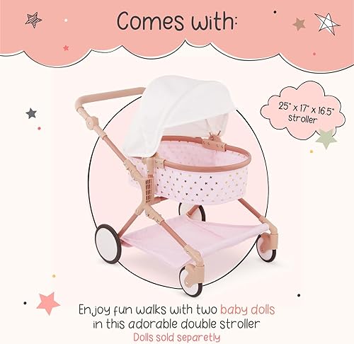 Miniatura 5 de LullaBaby Accesorios de 14 pulgadas - Cochecito de juguete rosa con estrellas doradas para gemelos - Toldo plegable, ruedas giratorias y cesta de