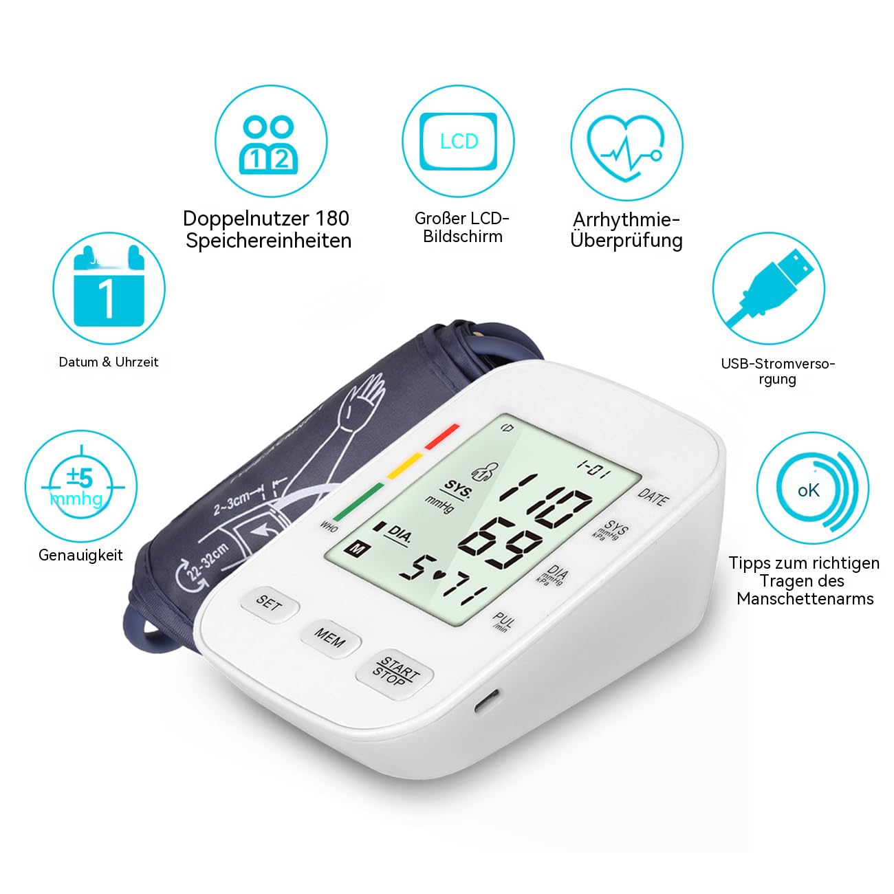 Blutdruckmessgerät Oberarm – Elektronisches Blutdruckmessgerät mit Arrhythmie-Erkennung, großem LCD-Display, 180 Speicher für 2 Nutzer, USB-Stromversorgung, Manschette 22–32 cm, Praktisch für Reisen