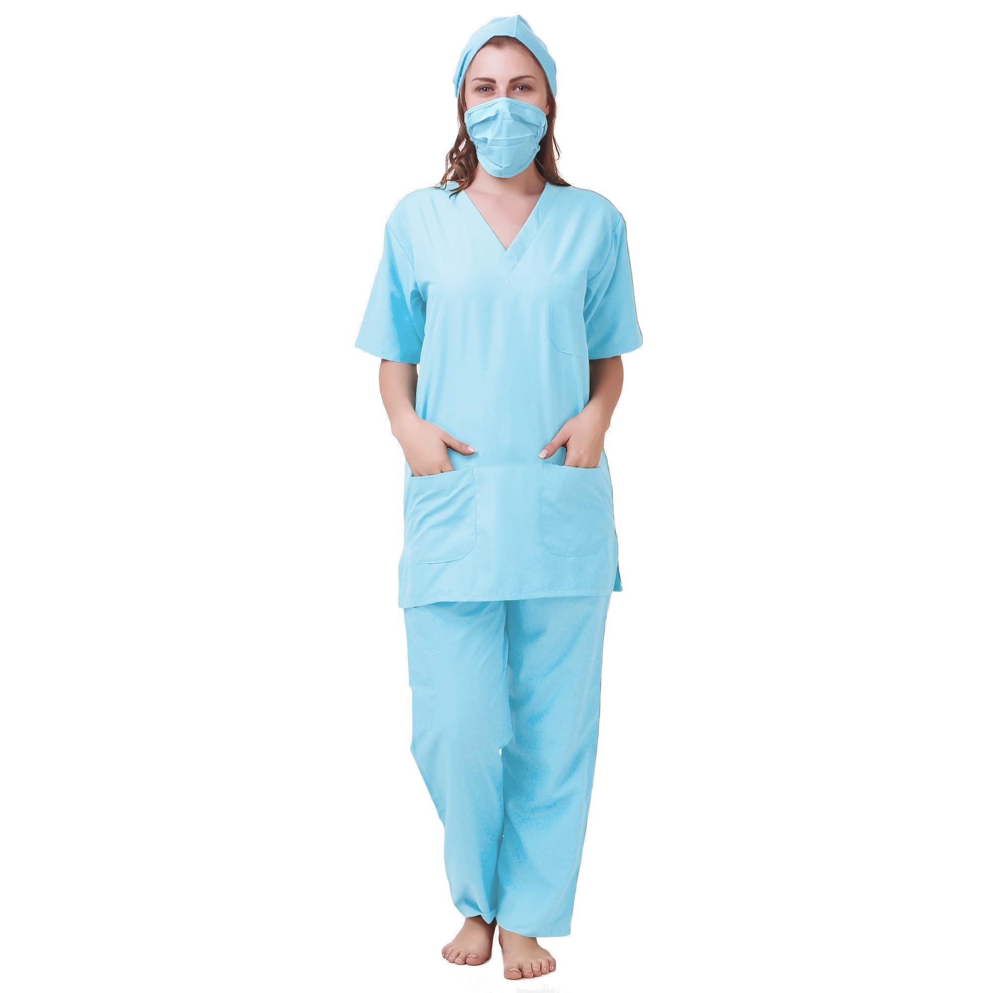 PrimeSurgicals Unisex V-Neck Scrub Suit with 3 Top and 2 Trouser Pockets with Cap and Mask - (38 - M, Azure Blue)