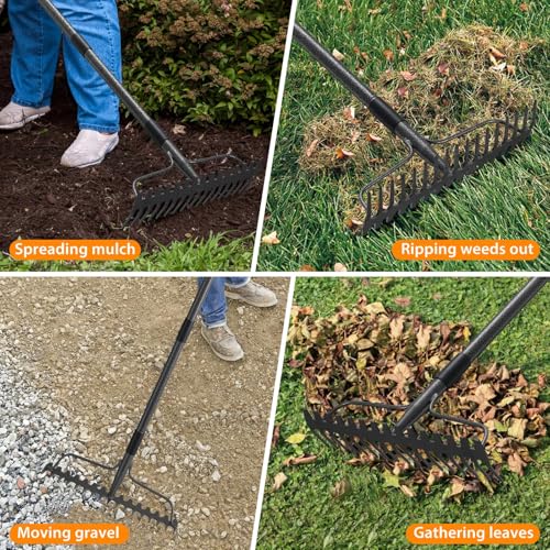 Gartenrechen 190 cm - Robuste Metall Gartenharke mit Stiel und 17 Zinken für Rasen, Laub & Boden | Rasenharke zur Lockerung, Nivellierung & Unkrautentfernung | Langlebige Hof Strohharke
