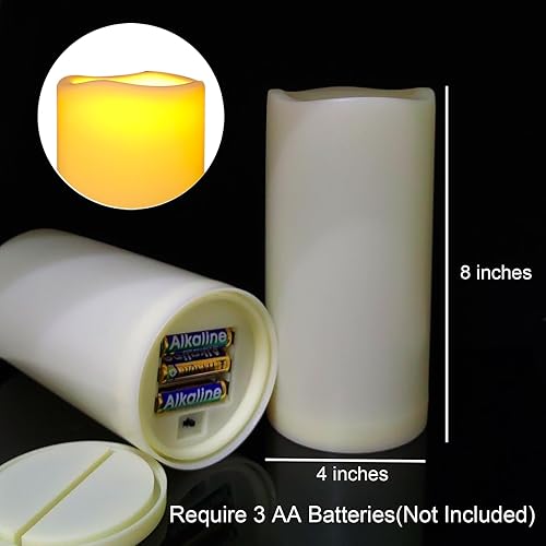Miniatura 7 de Velas sin llama de 4 x 8 pulgadas con temporizador, paquete de 2 velas parpadeantes impermeables para exteriores, velas LED eléctricas falsas, velas