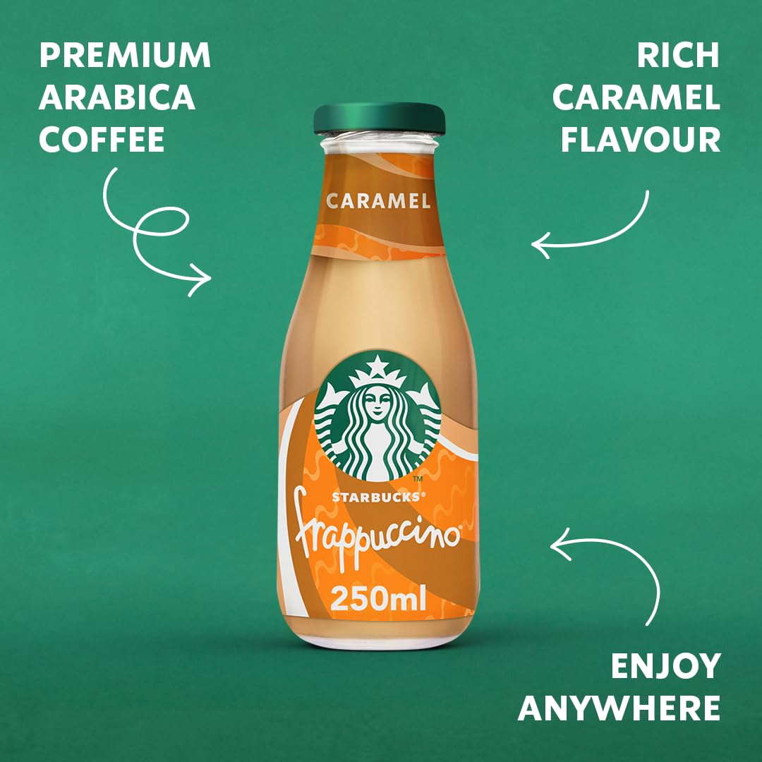 Starbucks Frappuccino Caramel Eiskaffee | 8 x 250ml | mit feinstem Espresso aus 100% Arabica-Bohnen und Milch | wiederverschließbare Glasflasche | ideal für unterwegs oder Zuhause