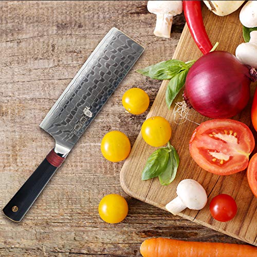 TUO Damascus Cutlery Nakiri Knife 6.5” - Vegetable Cleaver Kitchen Knives - Japanese AUS-10 High Carbon Stainless Steel Cutting Core Blade - Damascus Pattern - G10 Handle - Gift Box - Ring-D Series