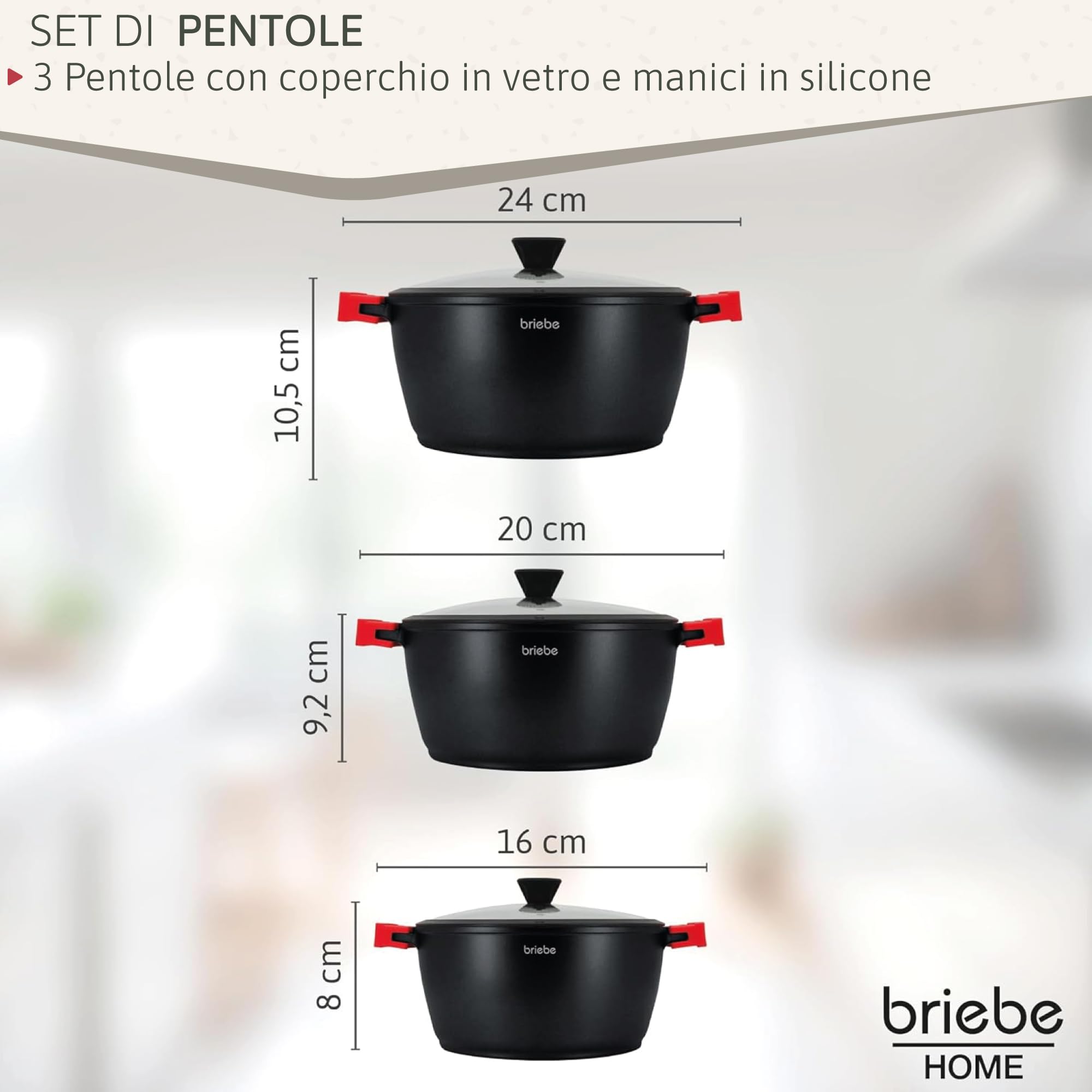 briebe Black Titanium Set Pentole Induzione 6 Pezzi Batteria da Cucina 3 Casseruole Alluminio Fuso, Antiaderente Titanio senza PFOA, Coperchi in Vetro, Manici in Silicone, Tutti i Fornelli, Forno