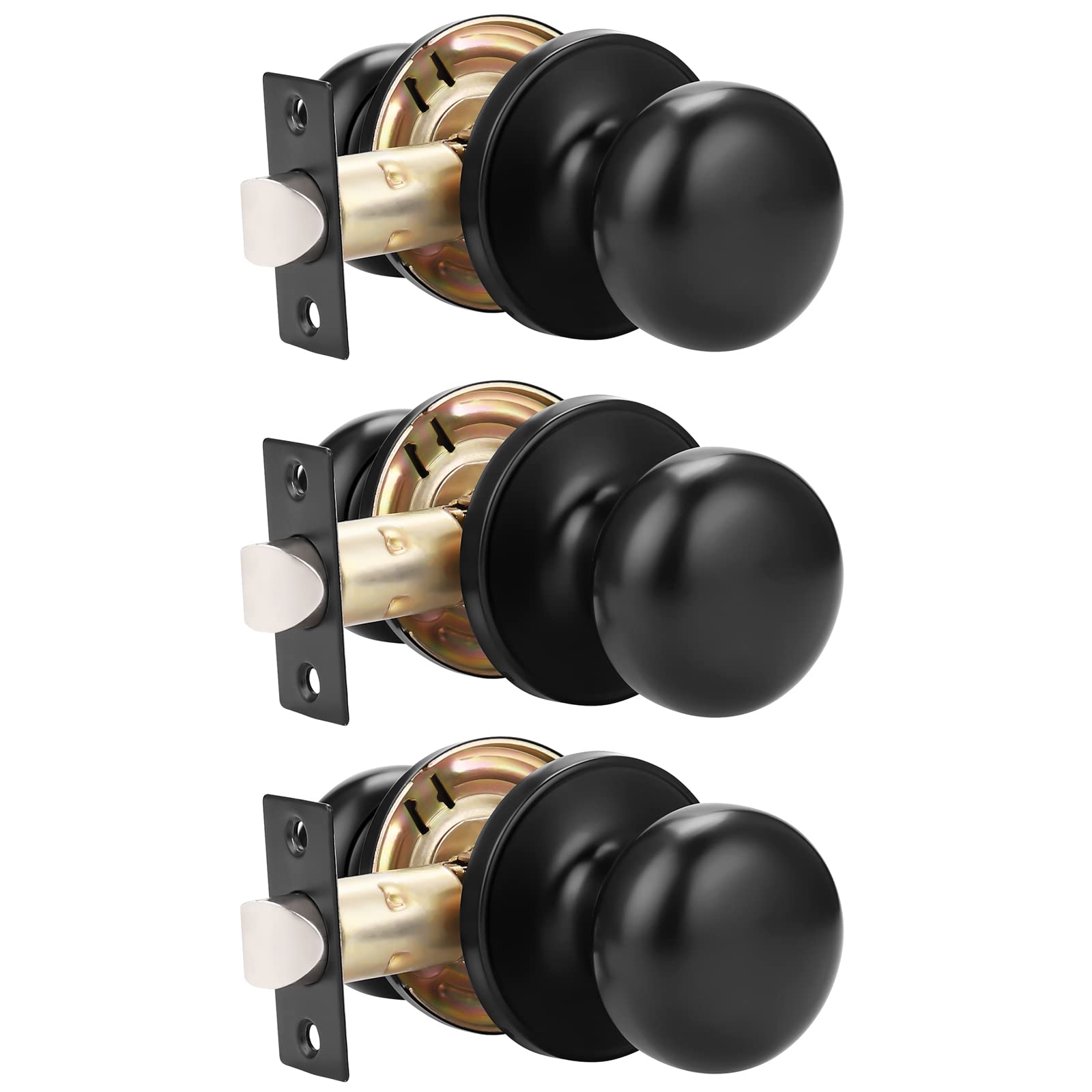 GOBEKOR 3 Pack Keyless Passage Door Knobs Matte Black Interior Door Knob with Lock Round Passage Knob for Hallway Stainless Steel Door Knob