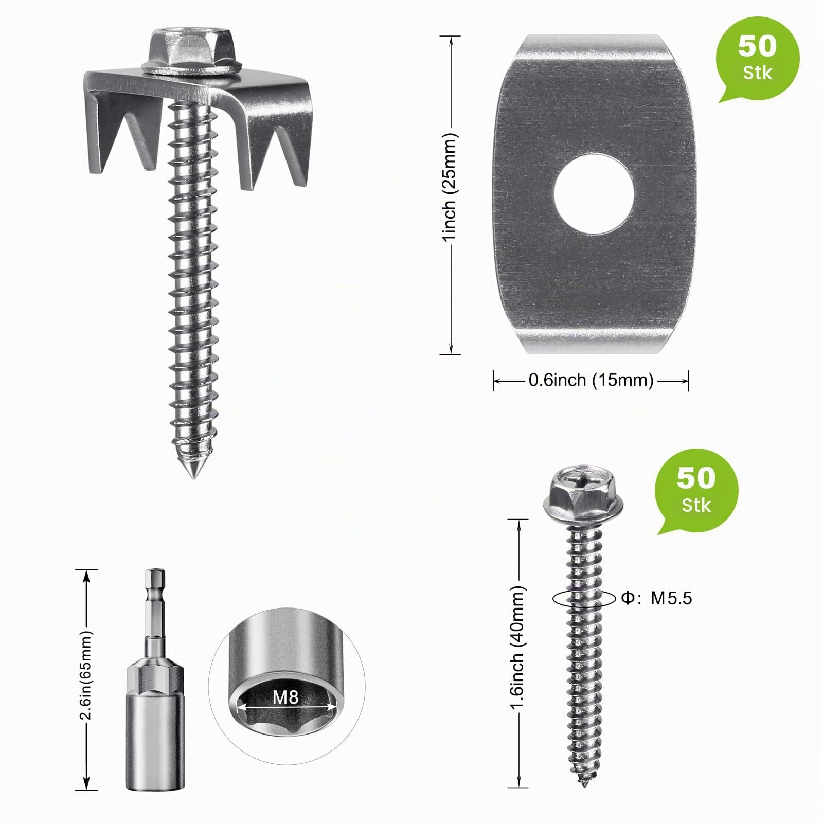 Insaga 50pcs Zaunklammern, 304 Edelstahl Krampennägel Zaunbefestigungsnägel 40mm M5.5 Stahlkrampen zum Holzschrauben für Maschendraht und Geflochtene Zäune mit Drahtfixer Halten Fest / M8 Adapter
