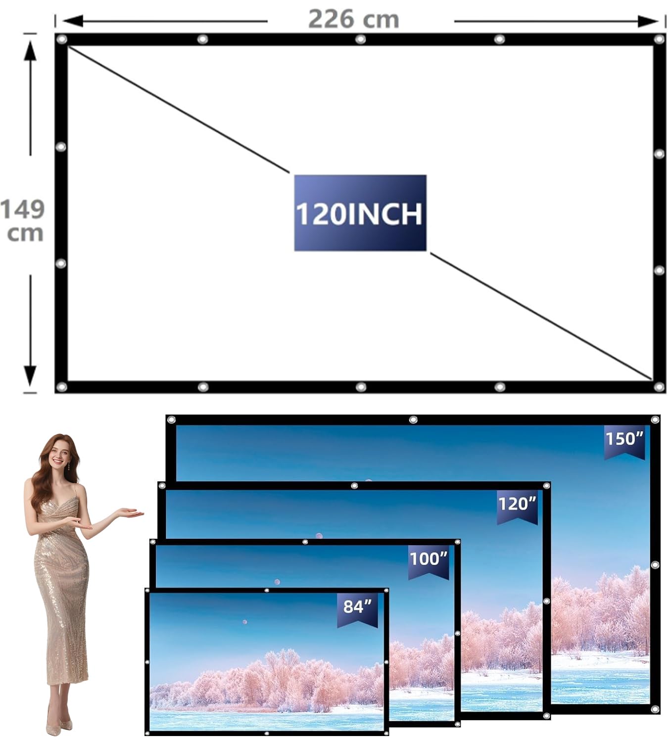 120 pollici, tela pieghevole 16:9, semplice da appendere, con ganci, corde, 120 pollici, per home theater, cinema all'aperto, scuola, riunioni, campeggio