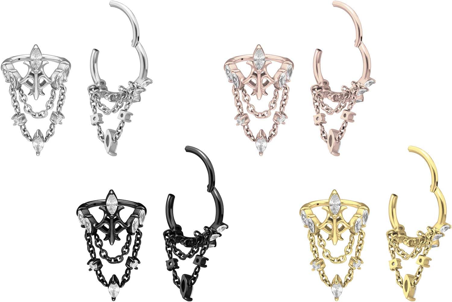 PIERCINGLINE Piercing Ring Chirurgenstahl Segmentring Clicker KRONE + 2 KETTEN - Roségoldfarben, Schwarz, Goldfarben, Silberfarben