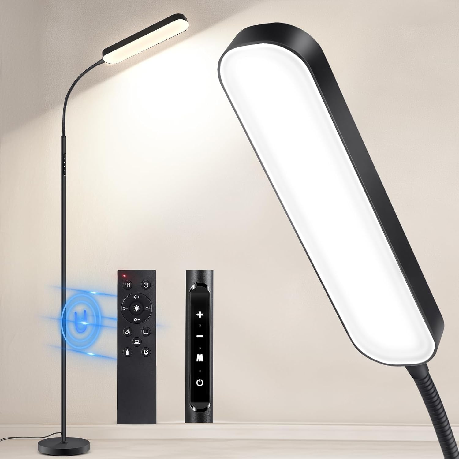 OUTON LED Floor Lamp 15W 1500LM, Dimmable Adjustable Modern Standing Light with 4 Color Temperature, Remote & Touch Control, 1 Hour Timer for Reading Living Room Bedroom Office Sewing (Black)