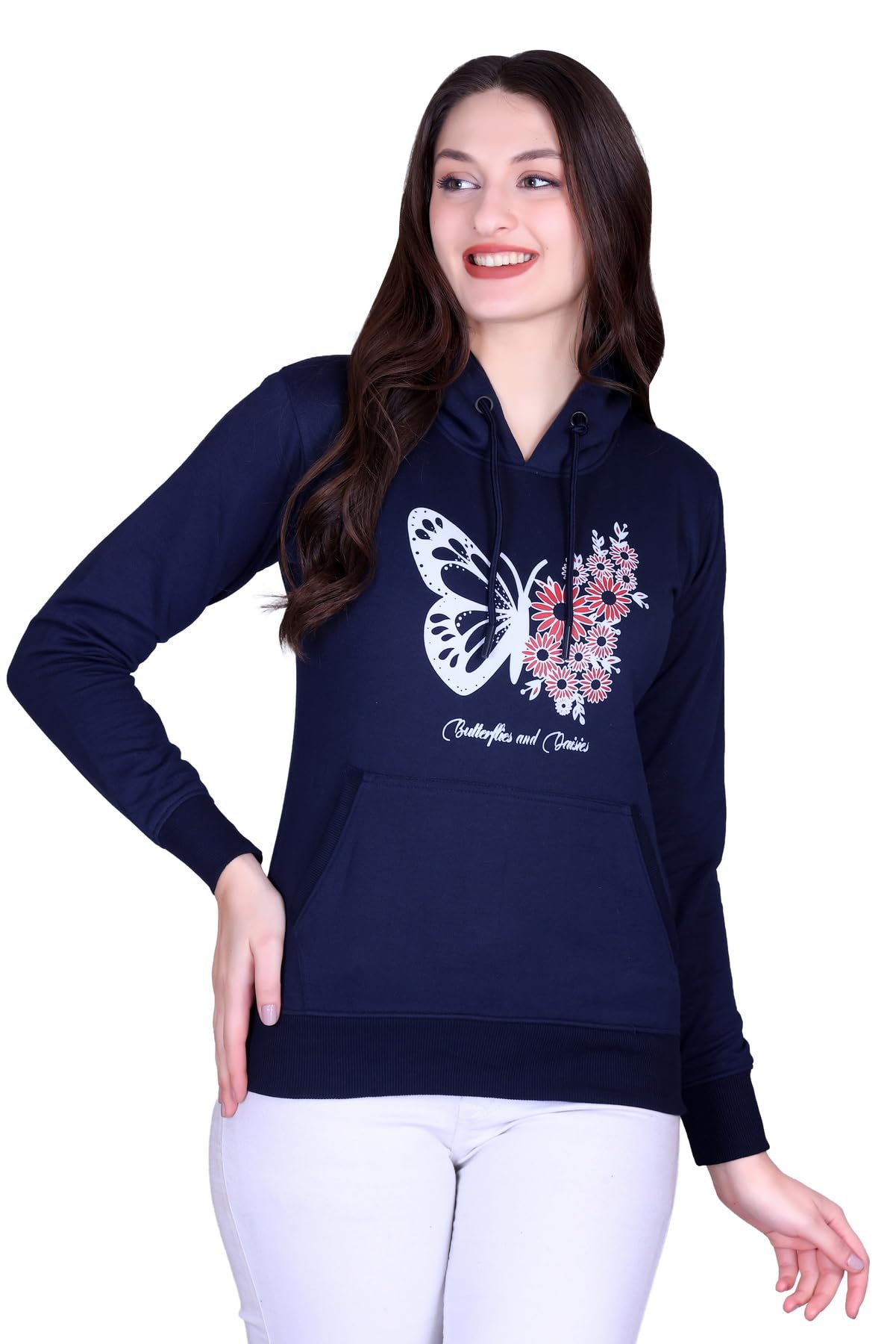 hold Women's Navy Blue Butterfly Floral Print Hoodie Sweatshirt, Fleece Fabric, Long Sleeve Pullover with Kangaroo Pocket-picture-1