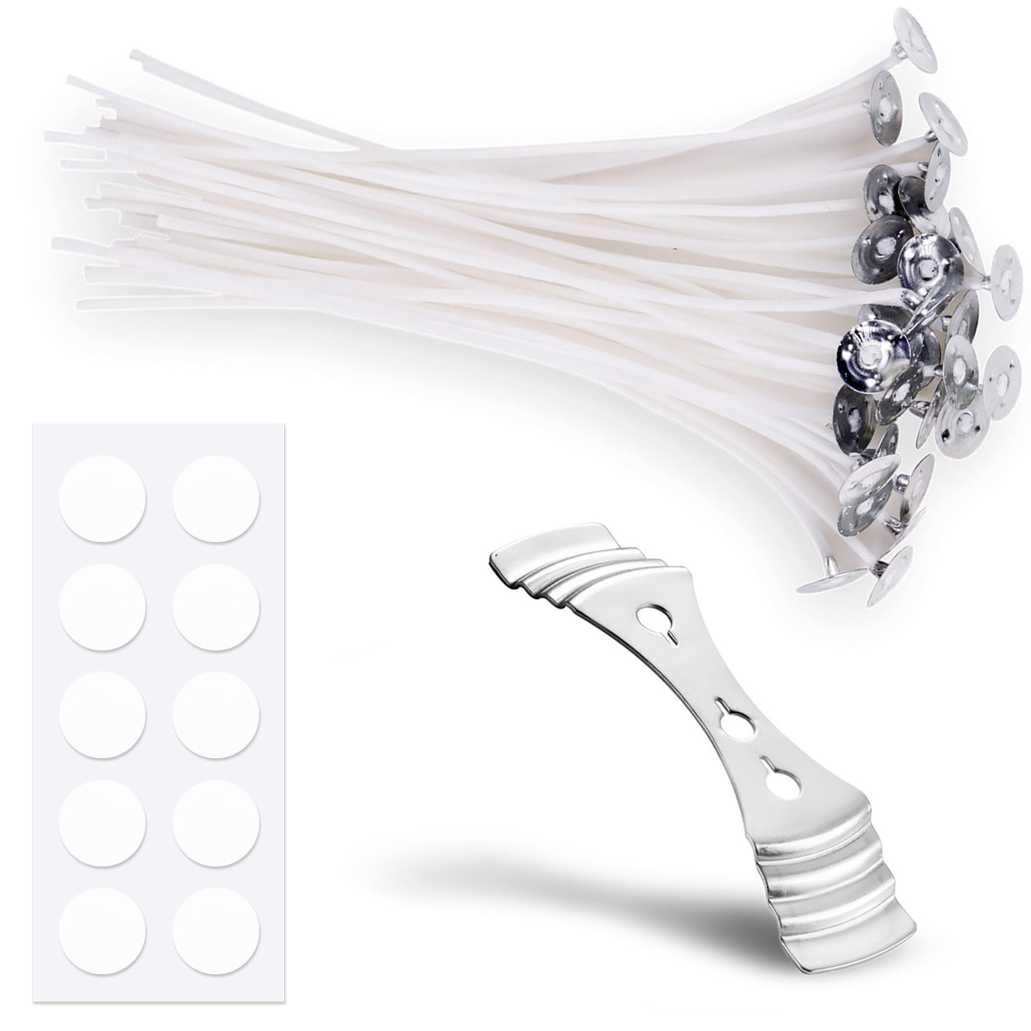 Mindful Memories White Candle Wicks 10 Pcs 10Cm With 1 Candle Wick Holder & 10 Glue Stickers, Long Lasting Pre-Waxed & Tabbed Cotton Threads With No Black Smoke For Making Candles