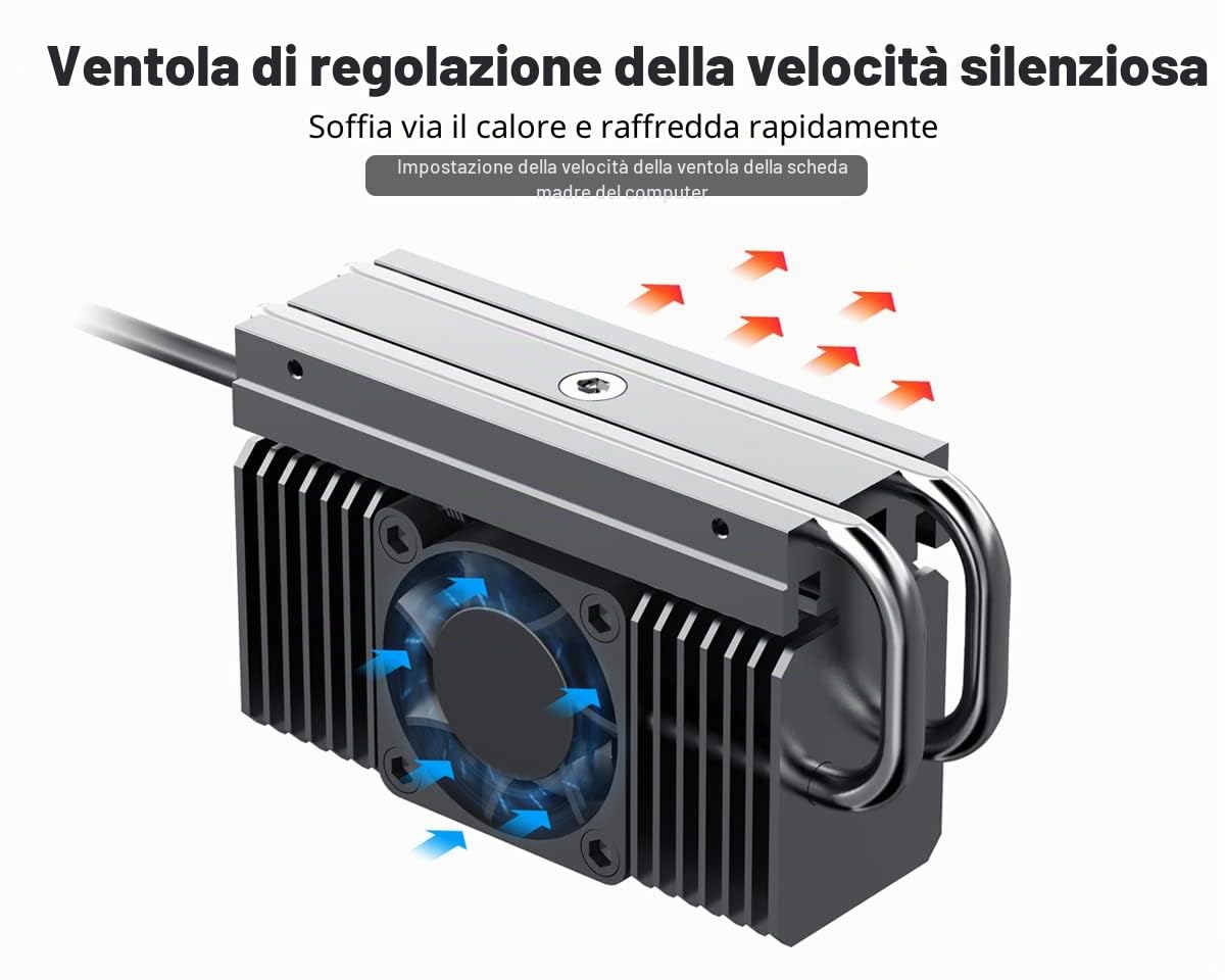 ElecGear EL-80X Dispositivo di Raffreddamento SSD M.2 2280, Ventola di Raffreddamento PWM + Heat pipe + Dissipatore di Calore Heatsink in Alluminio per 80mm PCIe NVMe e SATA SSD con Pad Termico