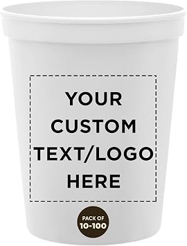 DISCOUNT PROMOS Custom Plastic Stadium Cups 16 oz Set of 10/50/100, Personalized Bulk Pack, Reusable Plastic Drinkware - White