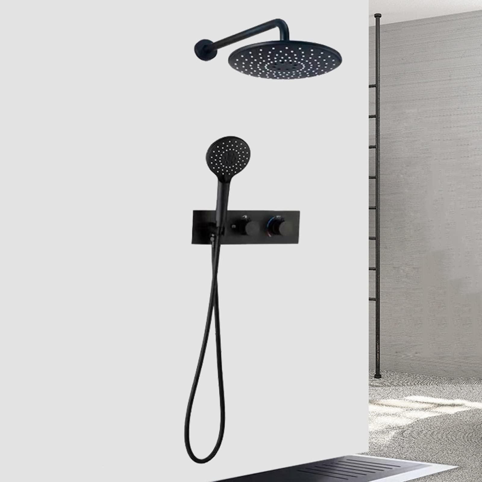 Rubinetto Doccia Set Miscelatore Doccia Parete Nero Miscelatore Doccia Incasso Caldo e Freddo Valvola 2 Vie ABS 10 in Doccia Pioggia Rotonda Miscelatore Doccia Incasso