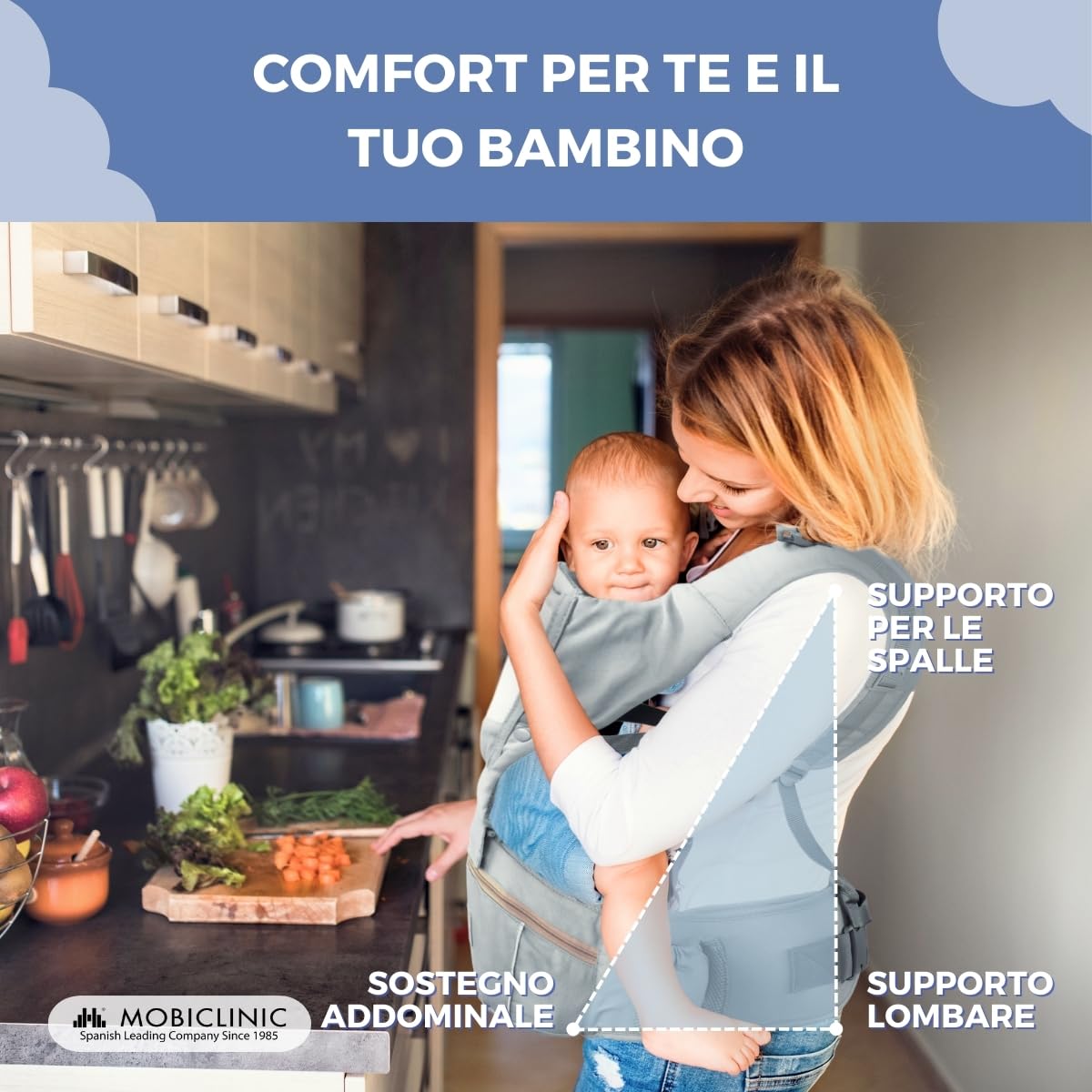 Mobiclinic® kids, Marsupio neonato, 6 in 1, Moley, Ergonomico, Multiposizione, 0-36 mesi, Pieghevole, Tasca con cerniera, Portabiberon, Cotone premium morbido, Per neonati e bambini (grigio)