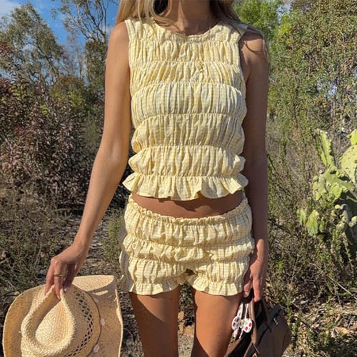 Yuemengxuan Women Two Piece Summer Outfits 2Pcs Pajamas Set Sleeveless Smocked Shirred Tank Top Pleated Shorts Beach Set3