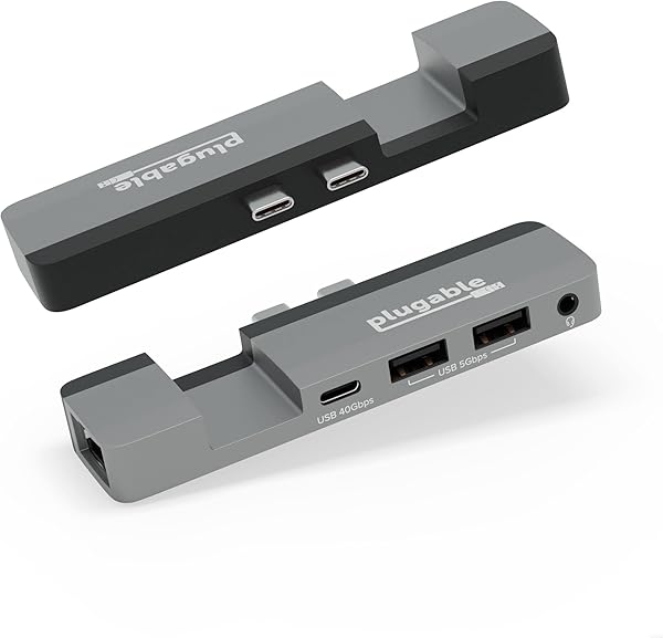 Plugable 5-in-1 USB C Hub for MacBook Pro & Air M1/M2/M3/M4/M5 - Thunderbolt 4 Compatible, MagSafe Ready, 40Gbps Data, Gigabit Ethernet, 2X USB 3.0 - Slim, Portable Adapter with Pass-Through Charging