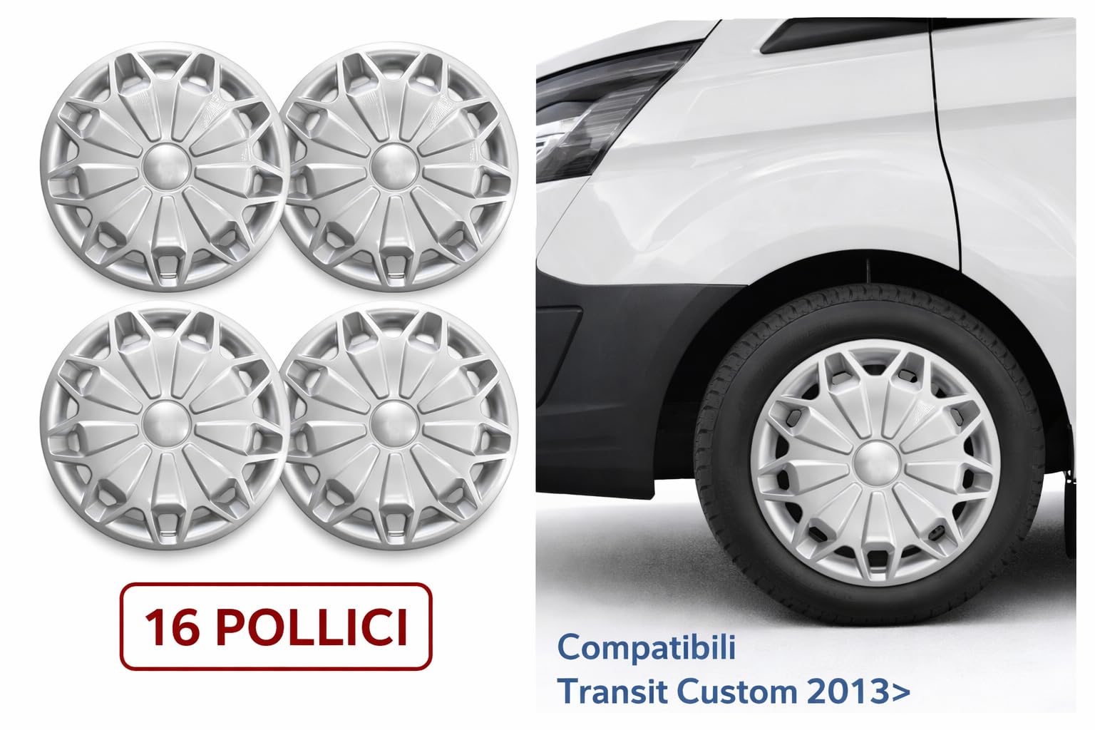 Set 4 Copricerchi 16 Pollici Compatibili con Ford Transit Custom 2013> Coppe Ruota in ABS Resistenti Montaggio Rapido Design Elegante per Cerchi in Ferro