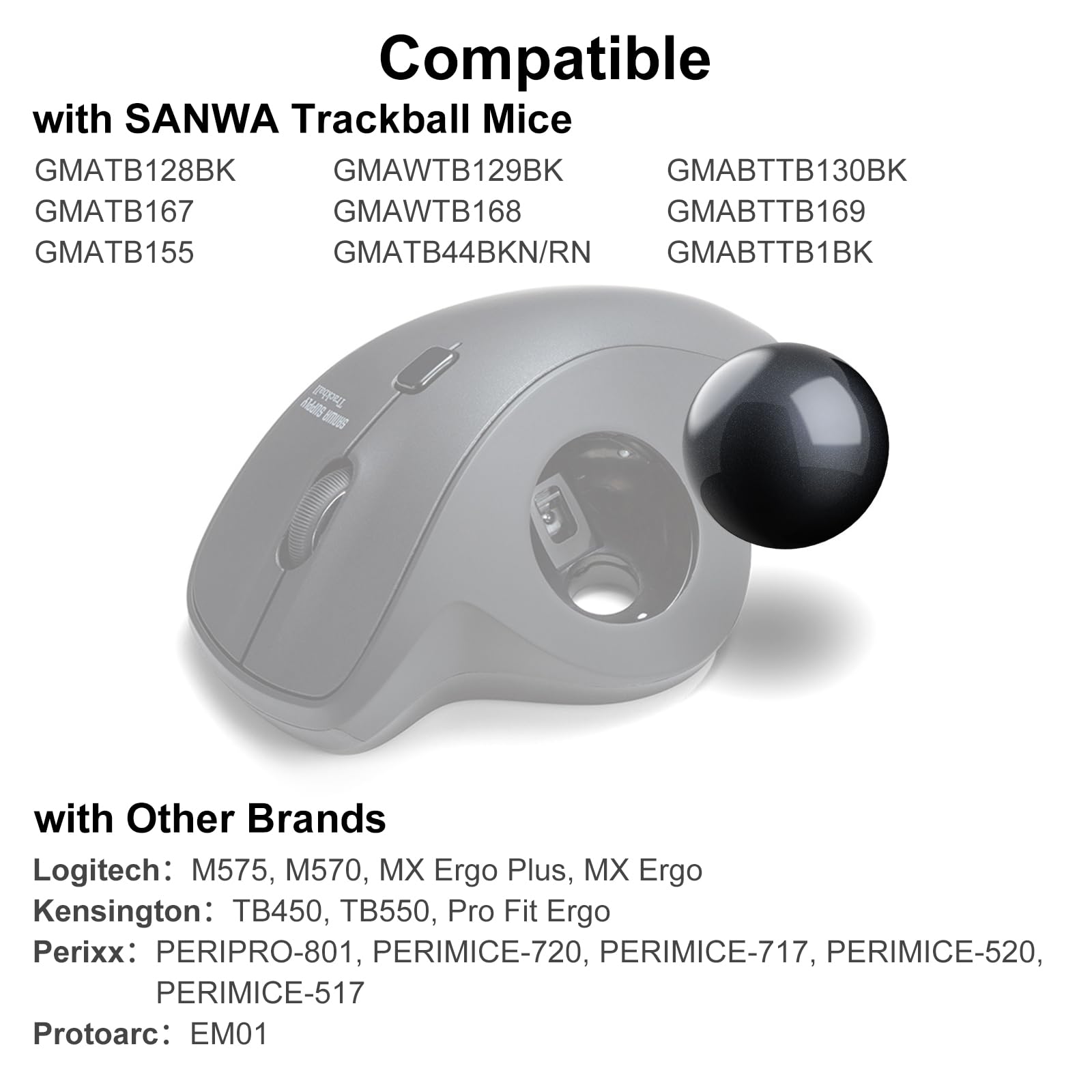 SANWA Trackball 34mm/1.34in, Bille de Remplacement pour Logitech M575, M570, MX Ergo, Perixx, Kensington et Autres Souris Trackball Compatibles, Noir Brillant