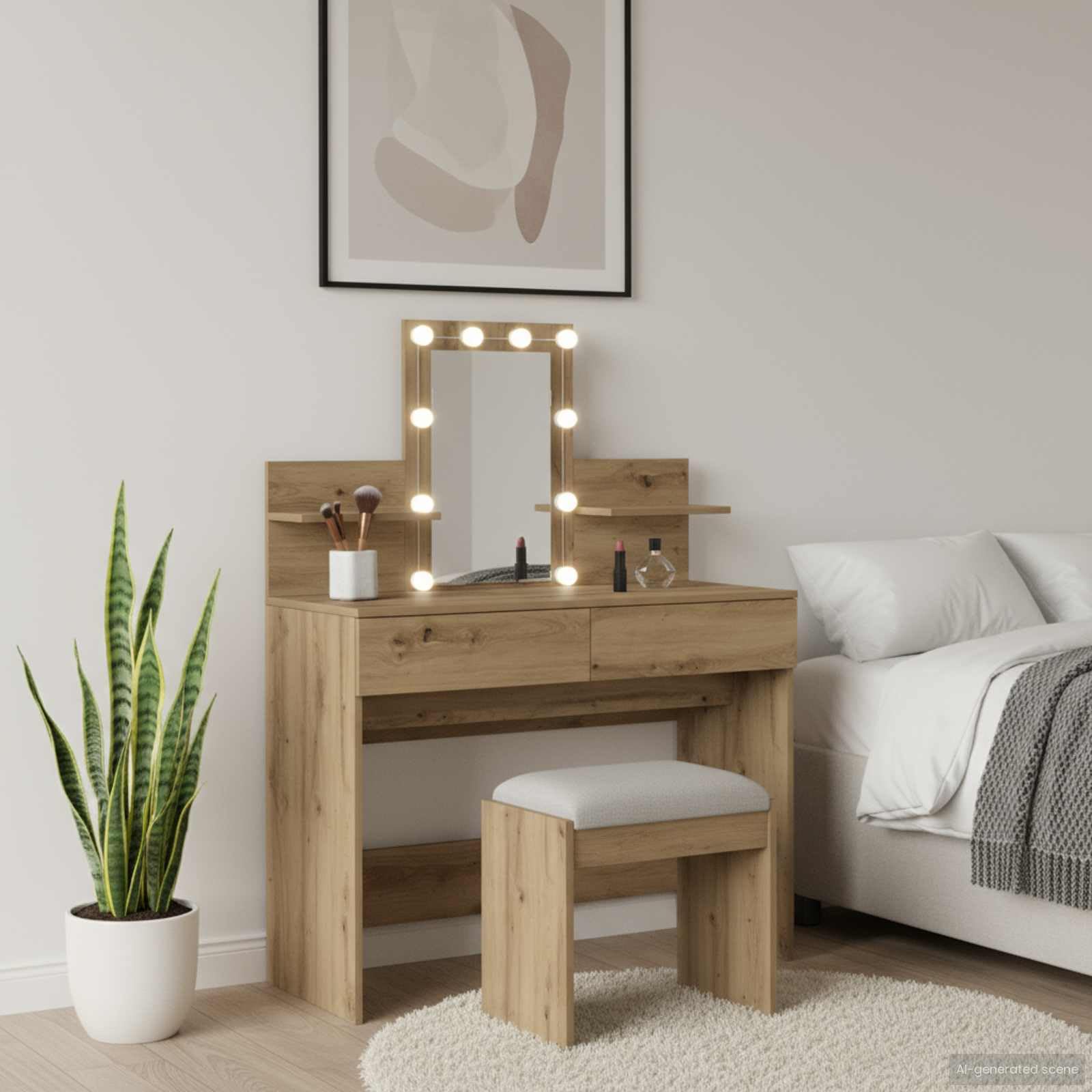 Toaletka Artisan dąb drewnopochodny, 100 x 40 x 130 cm, z oświetleniem LED, przestronne miejsce do przechowywania, 2 szuflady, 2 półki do sypialni, organizer na stół do makijażu