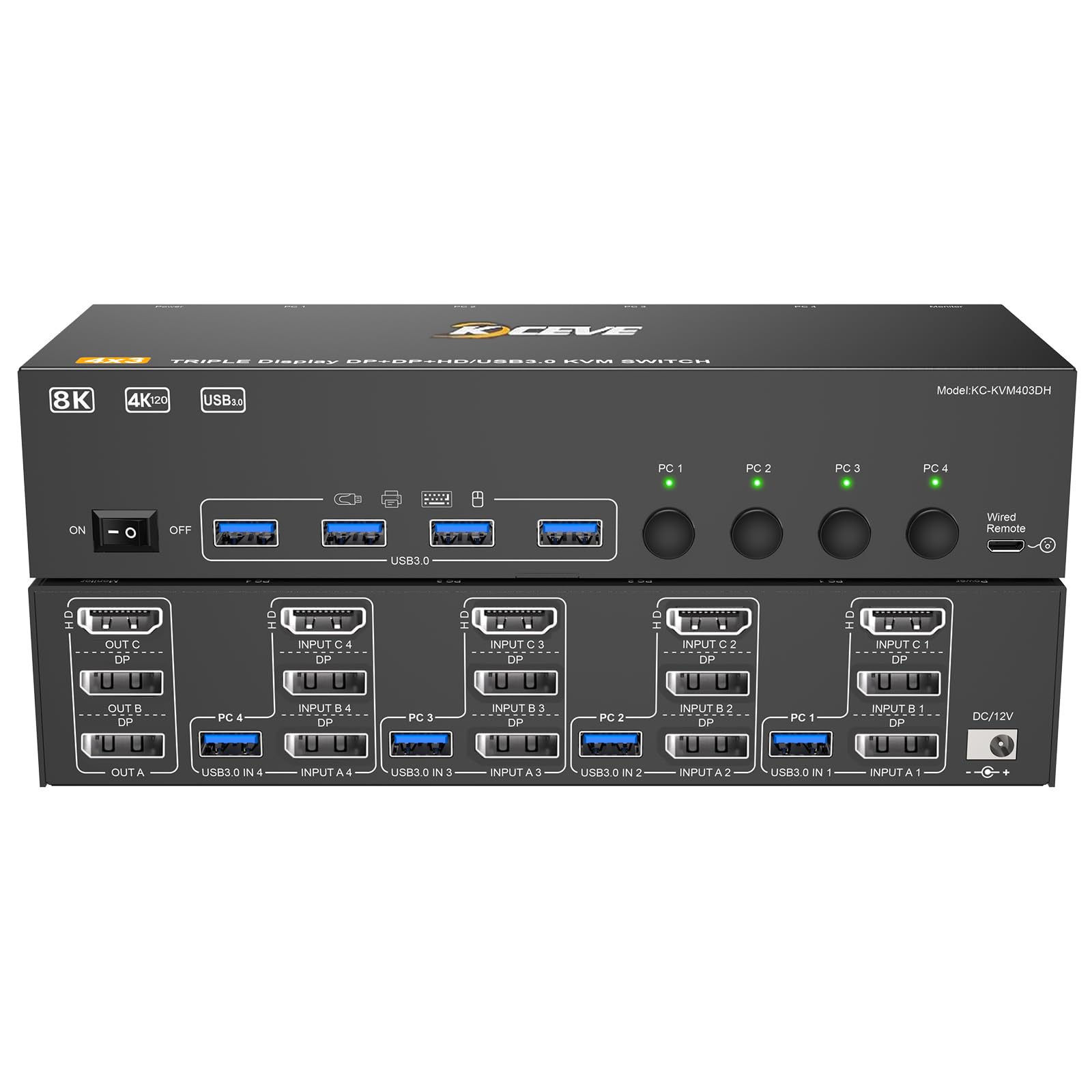 KVM Switch 3 Monitors 4 Computers 8K@60Hz,HDMI Displayport Triple Monitor KVM Switch,3 Monitor KVM with 4 USB 3.0 Ports for Keyboard Mouse, Wired Remote and 4 USB3.0 Cables Included,Black