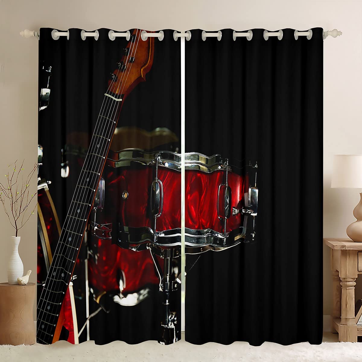 Rock Music Dreapes Cool Drum Kit tende per camera da letto, soggiorno, bambini, ragazzi, ragazze, adolescenti, strumento musicale tende oscuranti (30% -50%) Hip Hop rosso e nero per finestre W66 x L72