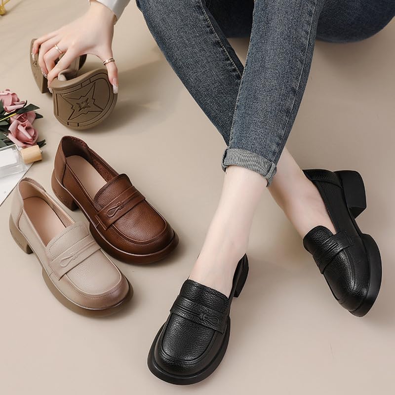 Image of Women's Penny Loafers Low Chunky Heel Black Leather Dress Shoes for Work US Size 7.5-8