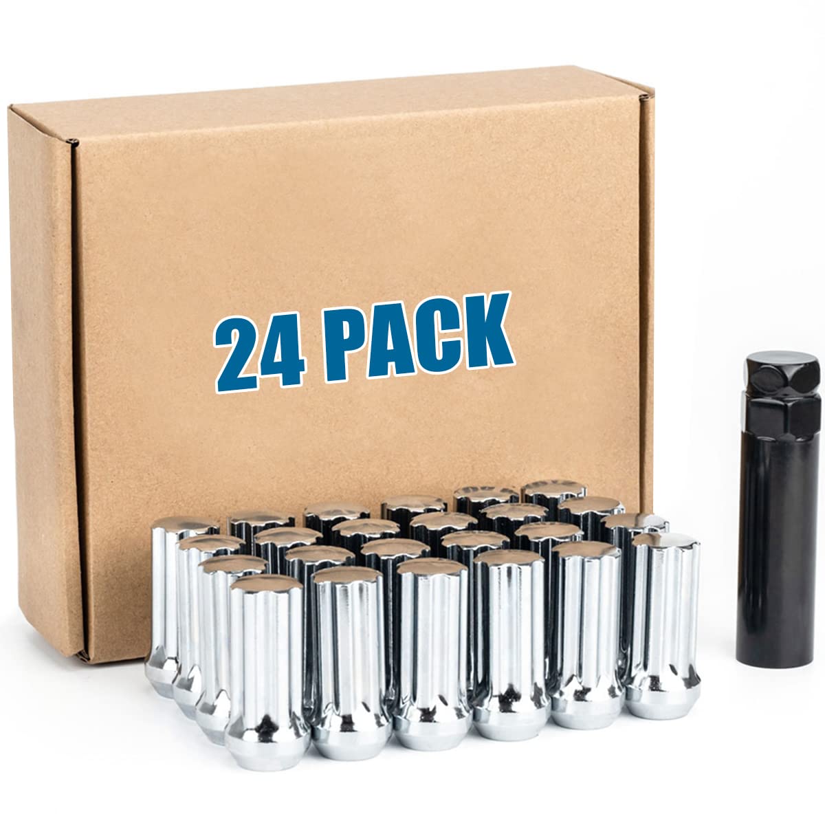 JiiinMiiin 24 sztuki nakrętek do kół M14 x 2,0, chromowane z 7 zębami klinowymi, 14 x 2 nakrętki zabezpieczające, długość 5,1 cm z 1 kluczem nasadowym, stożkowe/stożkowe siedzisko 60 stopni, zamknięty