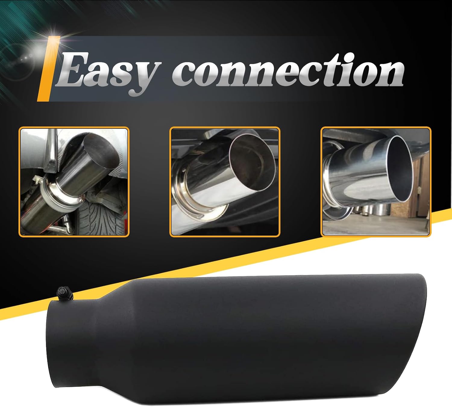 4 Inch Inlet Black Exhaust Tip, 4" 6" Outlet 18" Overall Length Weld On Universal Stainless Steel Rolled Edge Diesel Tail Pipe