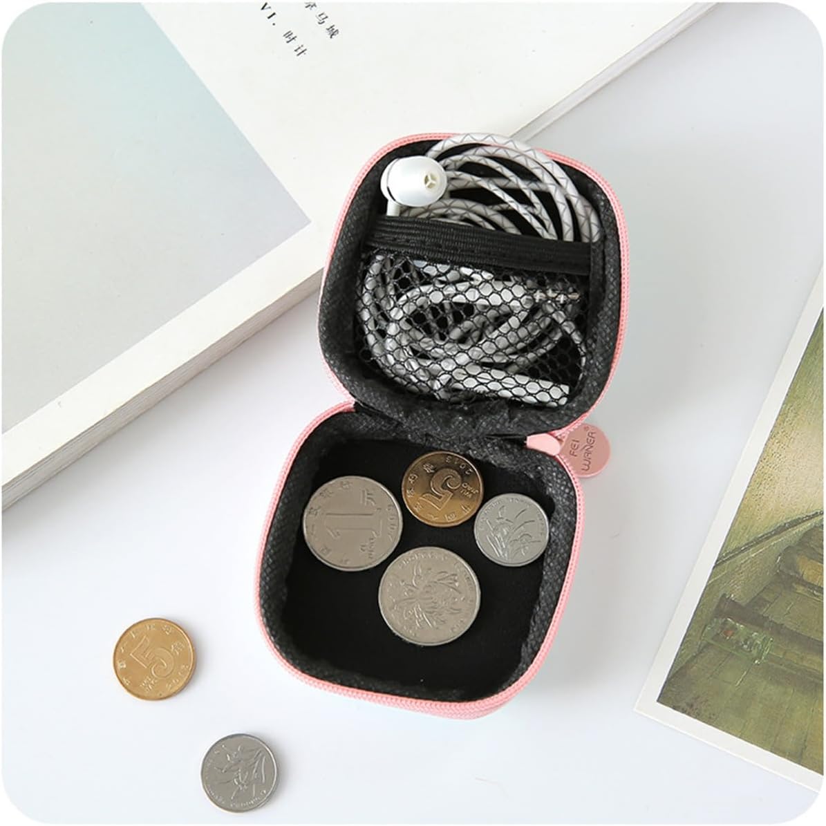 Portable Headphone Case PU Box with Zipper for Travel Storage