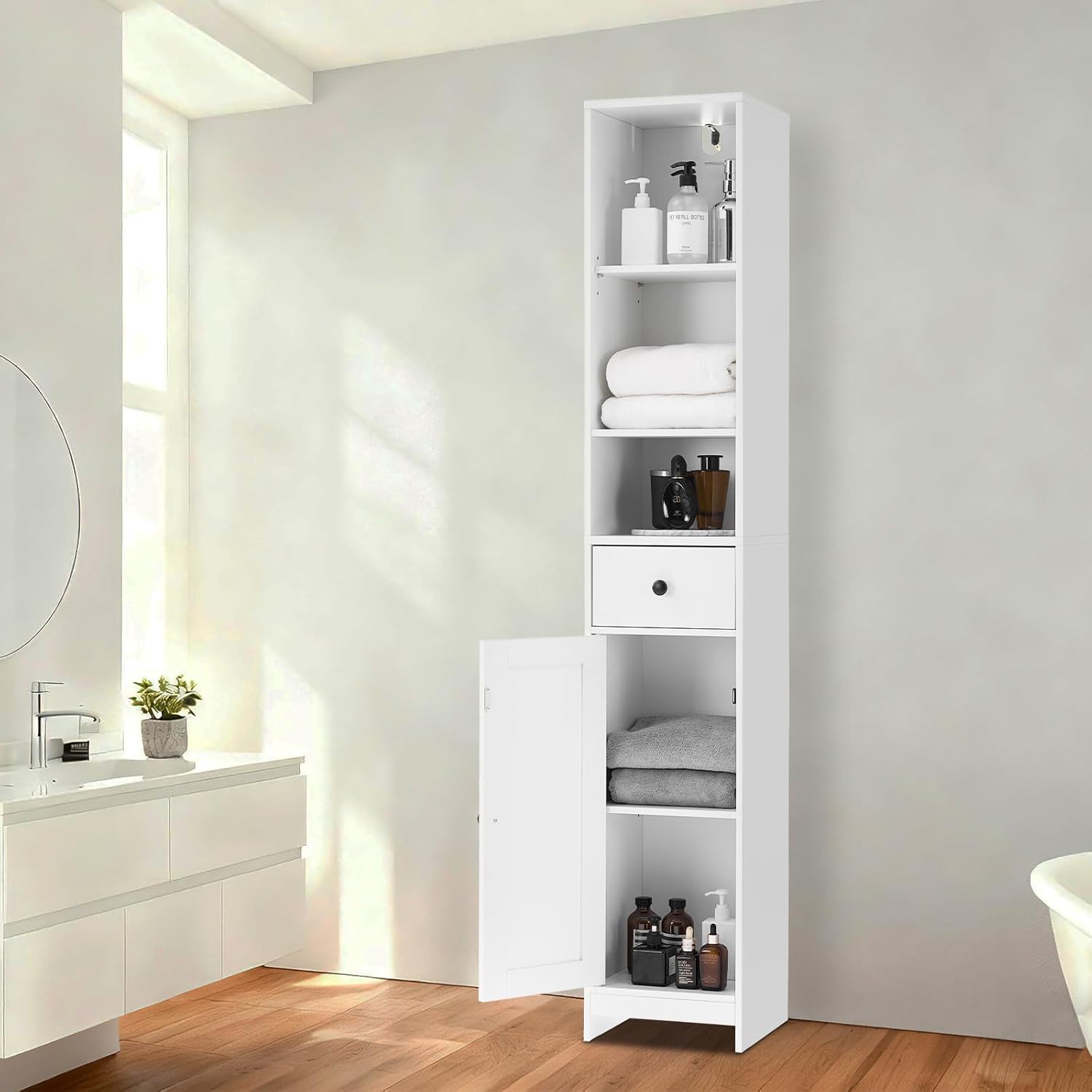GarveeHome Tall Narrow Bathroom Cabinet, 66.9" Small Skinny Bathroom Storage Cabinet for Small Spaces | Freestanding Water Resistant Organizer for Bathroom, Kitchen, Hallway (3 Open Shelves, White)