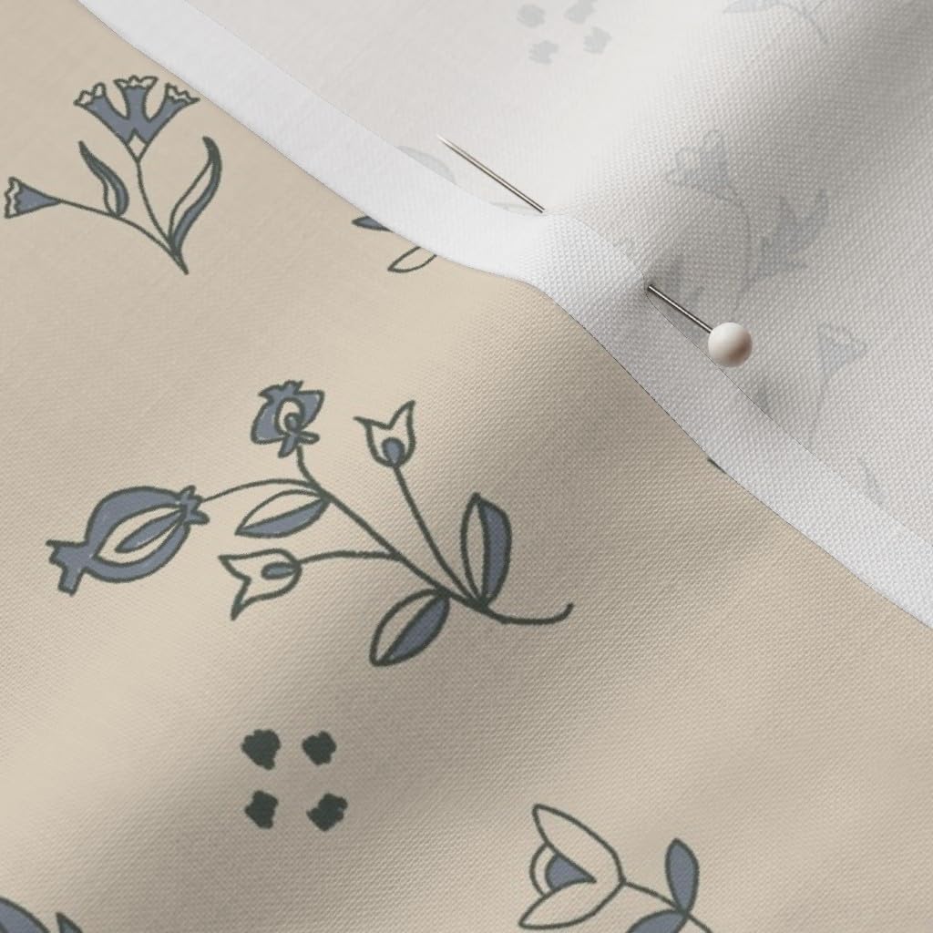 Spoonflower Fabric - Beige Botanical Cream Blue Floral Cottage Core Rustic French Country Printed on Petal Cotton Fabric by the Yard - Sewing Quilting Apparel Crafts Decor