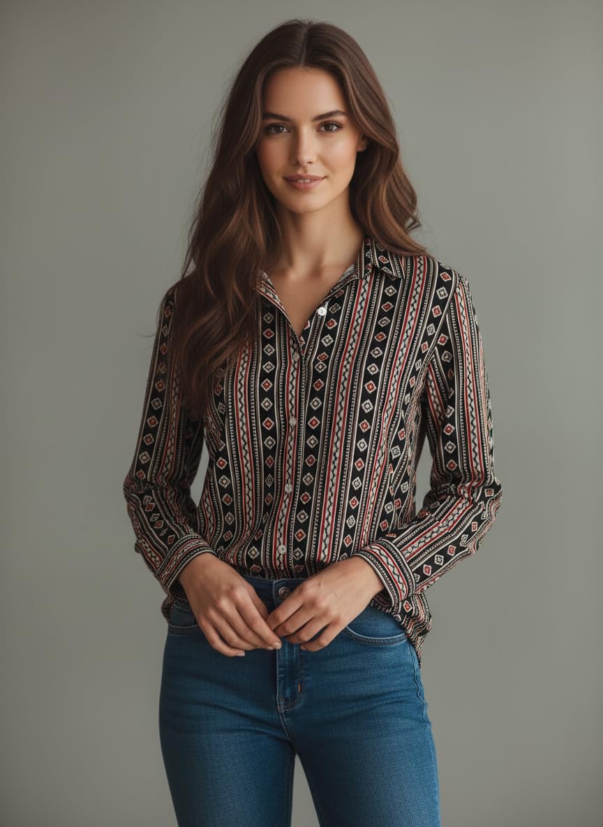 ANNI Designer Bedrucktes Damenhemd aus Baumwollmischgewebe, langärmelig, normale Passform, Hemdkragen, legere Bürokleidung, elegante Western-Kleidung für den Alltag, Hochzeit, Party