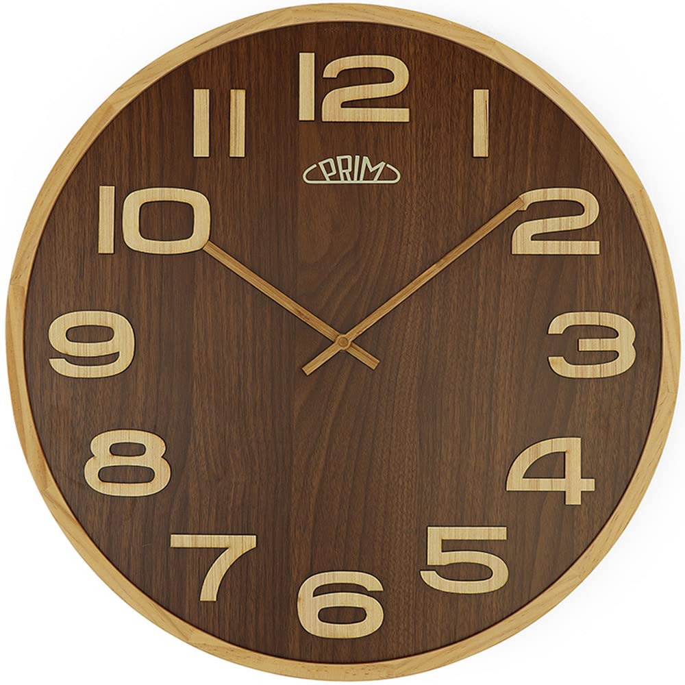 PRIM Reloj de Pared de Madera de Lujo Timber Veneer, Color marrón, con números Grandes 3D, Esfera chapada, Cristal Curvado, Motor Paso a Paso de Cuarzo