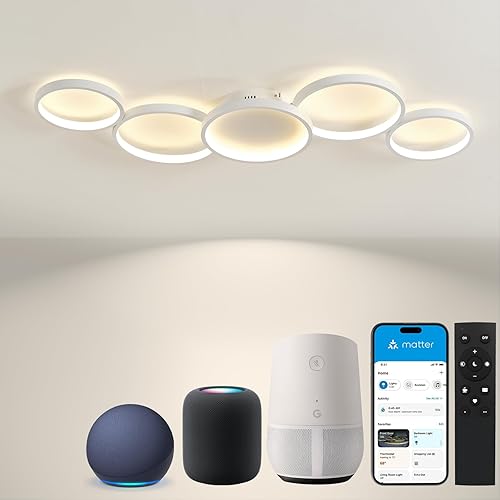 SKY ANGLE Lámpara de techo LED inteligente para dormitorio, regulable compatible con Alexa Google Home, 5 anillos de lámparas de techo con control